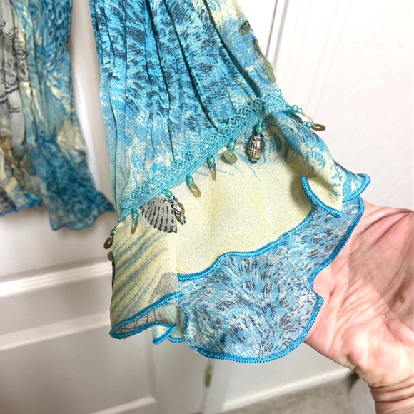 Boho Beaded Floral Top XL Blue Yellow Crinkle Blouse - Picture 7 of 13